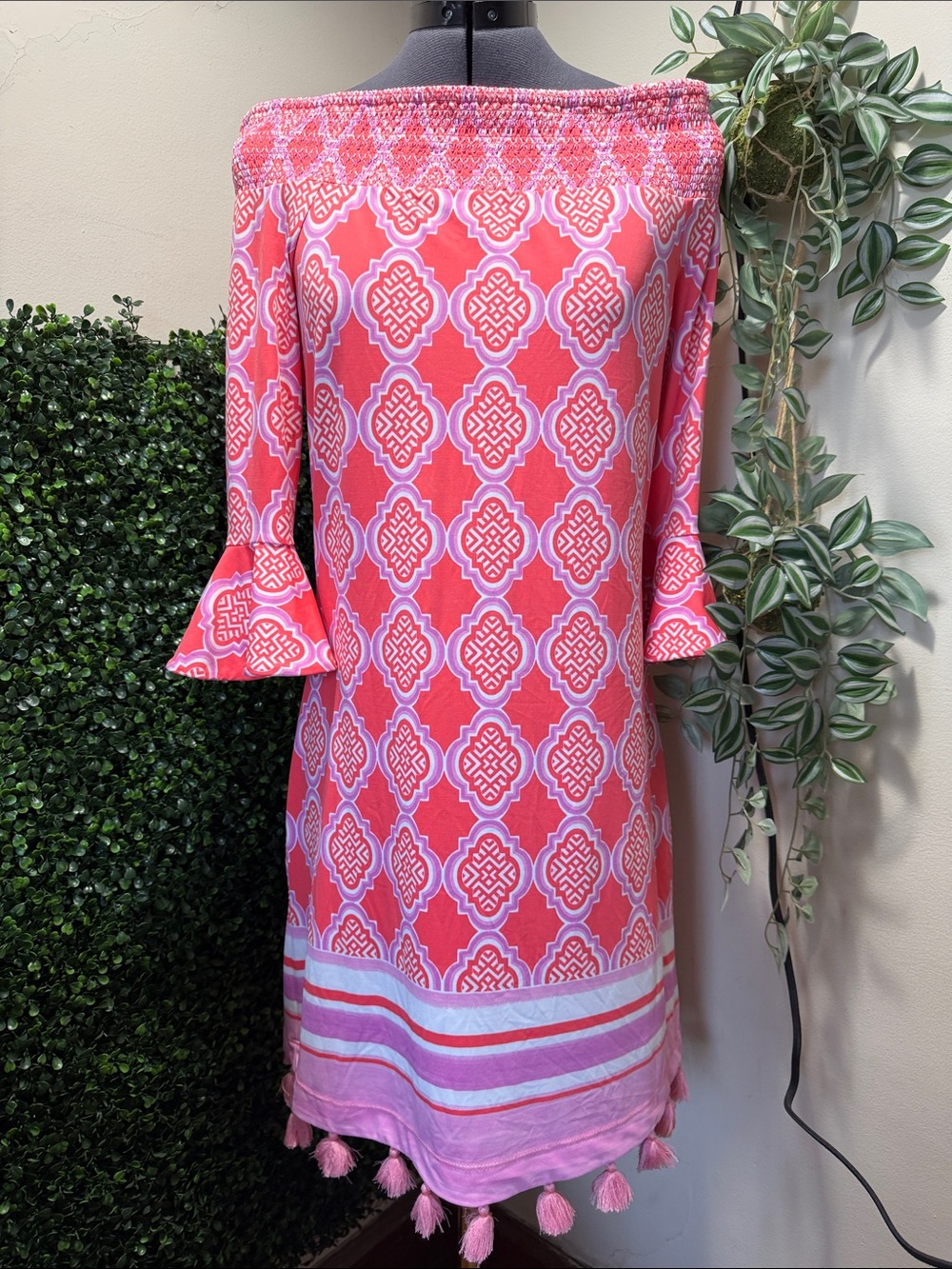 Cabana Life Coral and White Off-Shoulder Tassel Dress